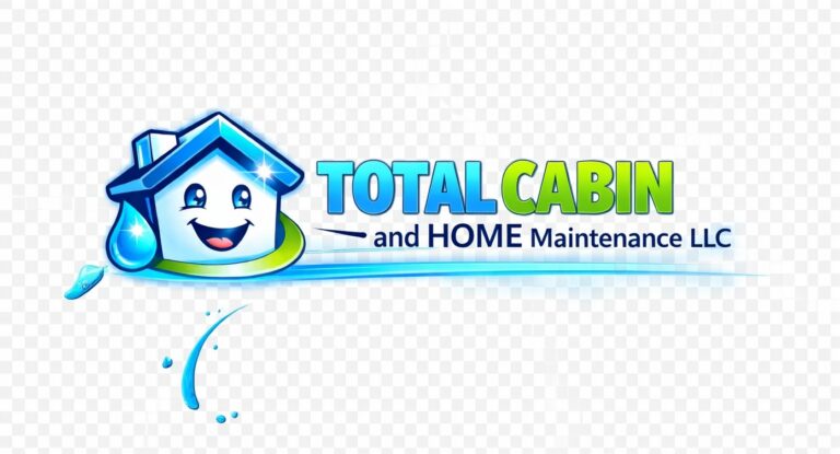 Total Cabin and Home Maintenance logo with blue house character with smiling face and water droplet cyan  TOTAL CABIN  text yellow green gradient on  CABIN  navy blue  and HOME Maintenance LLC  text blue swoosh design element 768x415